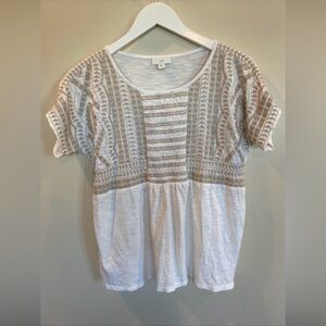 J.Jill Smocked Embroidered White Tan Slub Knit Tunic Top Short Sleeve Cotton XS